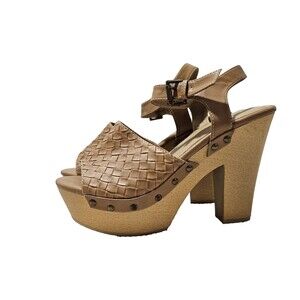 Women's Sandals Size 10 Tan Slingback Peep Toe Wedge Faux Leather Textured